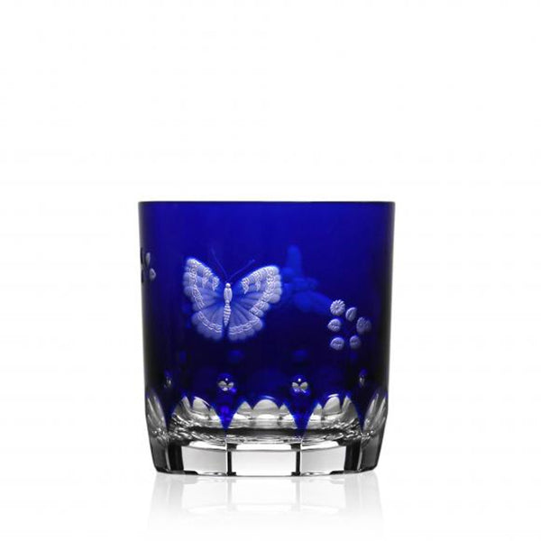 Luxury Double Old Fashioned Tumbler in Cobalt Blue Crystal with Butterfly and Leaf Engraving – Springtime by Varga Crystal