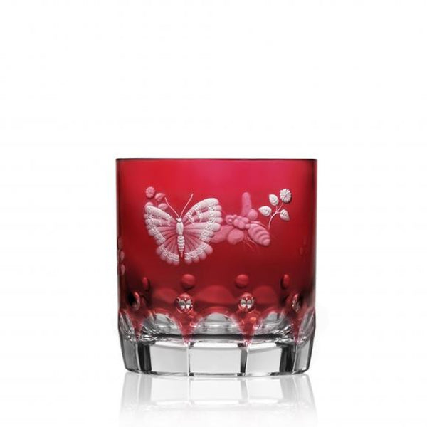 Luxury Double Old Fashioned Tumbler in Raspberry Red Crystal with Butterfly and Leaf Engraving – Springtime by Varga Crystal