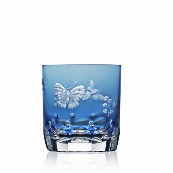 Luxury Double Old Fashioned Tumbler in Sky Blue Crystal with Butterfly and Leaf Engraving – Springtime by Varga Crystal