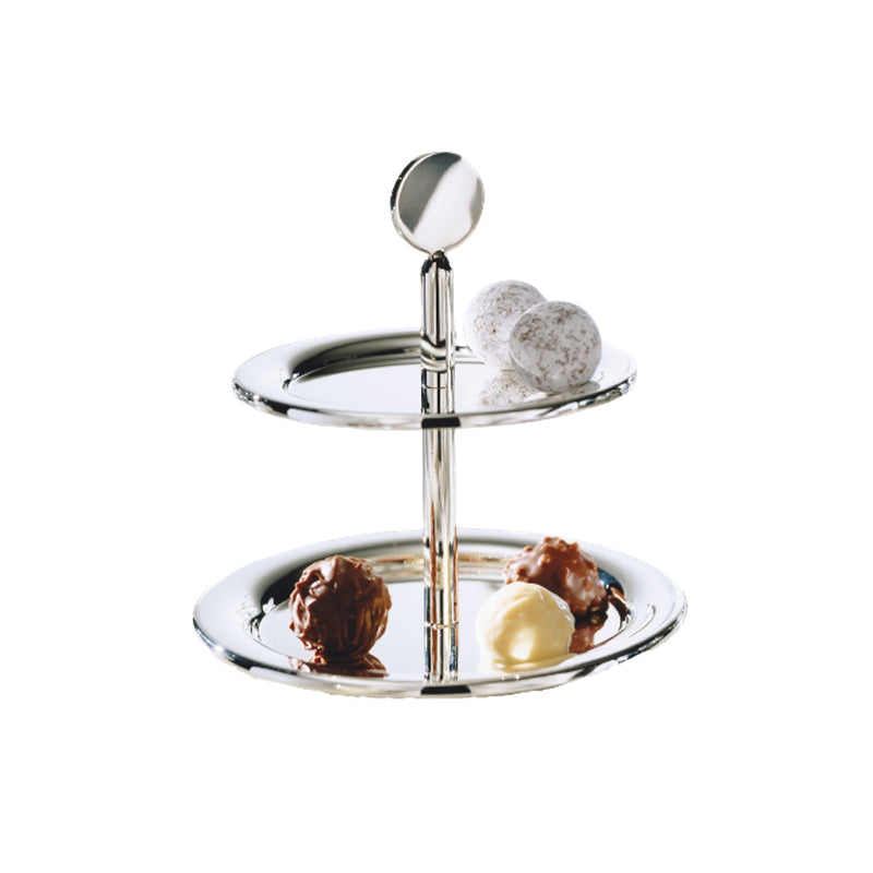Two-tier Eclipse pastry stand in silver plate by Robbe & Berking displaying assorted truffles.
