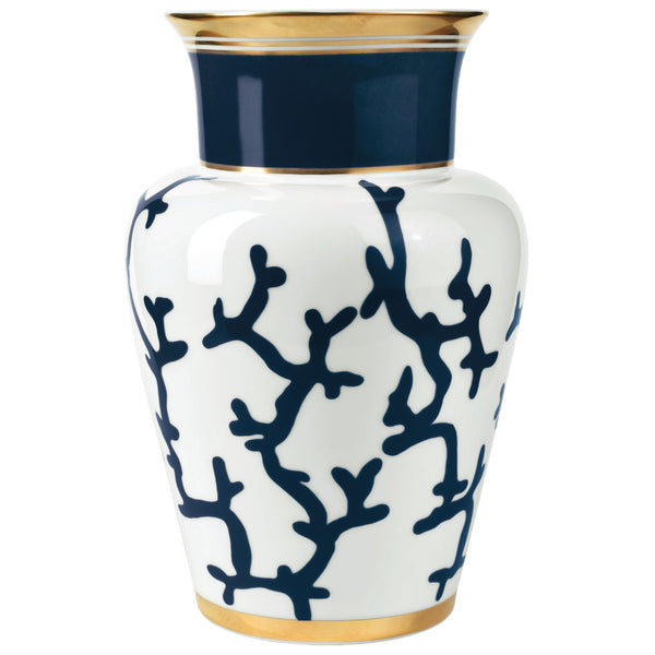 Vase in Gift Box Cristobal Marine porcelain by Raynaud with marine blue coral motifs and gold accents