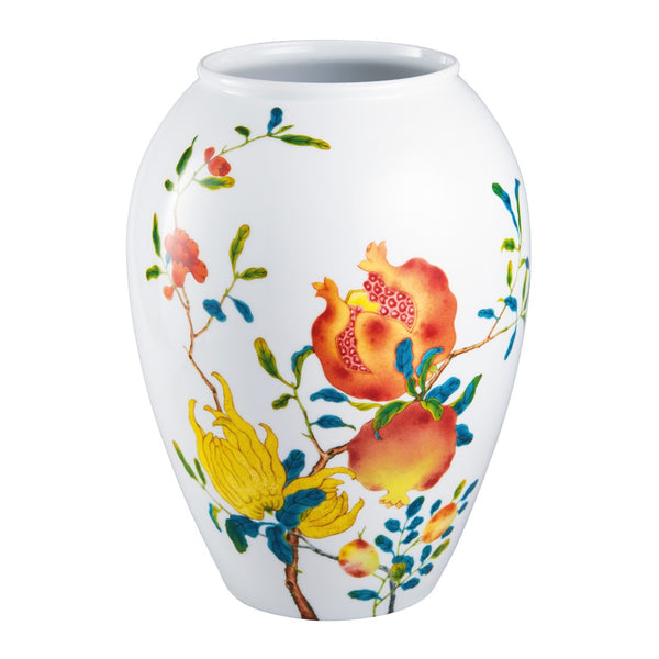 A white porcelain vase with a floral pattern featuring various colors such as yellow, orange, and blue.