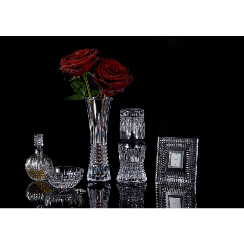 Vase Lismore Diamond crystal bud by Waterford, cut glass luxury vase for elegant interiors with black background
