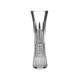 A clear crystal Lismore Diamond Bud Vase with intricate diamond cuts and a rounded top.