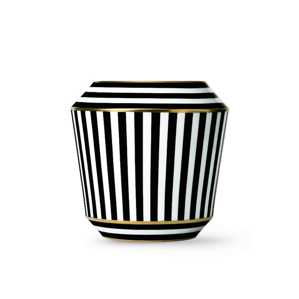 A medium-sized cylindrical porcelain vase with a black-and-white striped pattern and gold accents on the rim and lid.