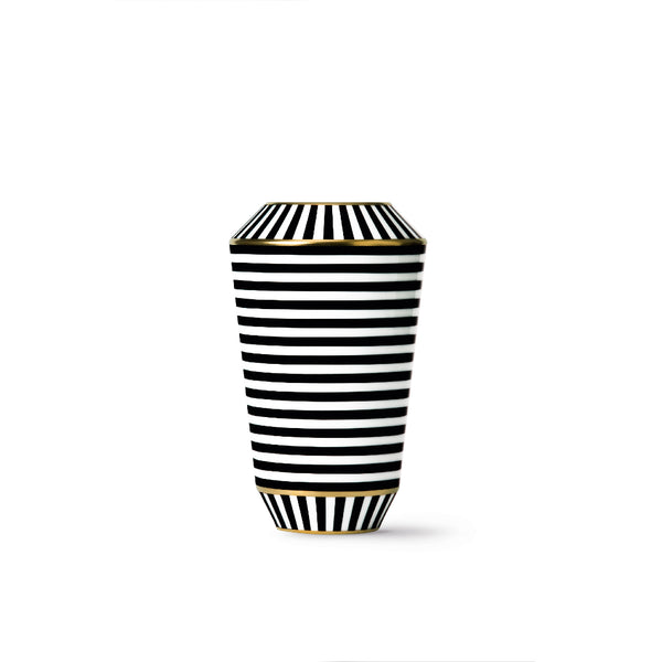 A tall, slender porcelain vase with black and white stripes and gold accents.