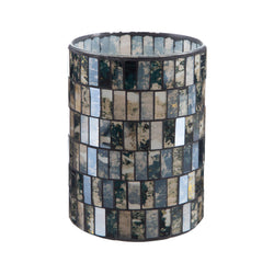 A medium-sized black mosaic glass vase with a geometric pattern.