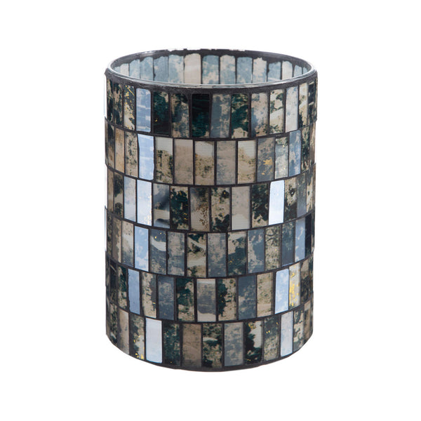 A medium-sized black mosaic glass vase with a geometric pattern.