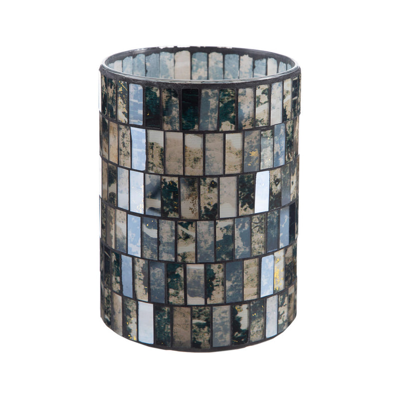 A medium-sized black mosaic glass vase with a geometric pattern.