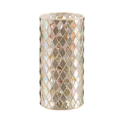 A large cylindrical mosaic vase with a geometric pattern, featuring gold and clear glass tiles.