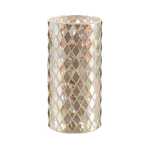 A large cylindrical mosaic vase with a geometric pattern, featuring gold and clear glass tiles.