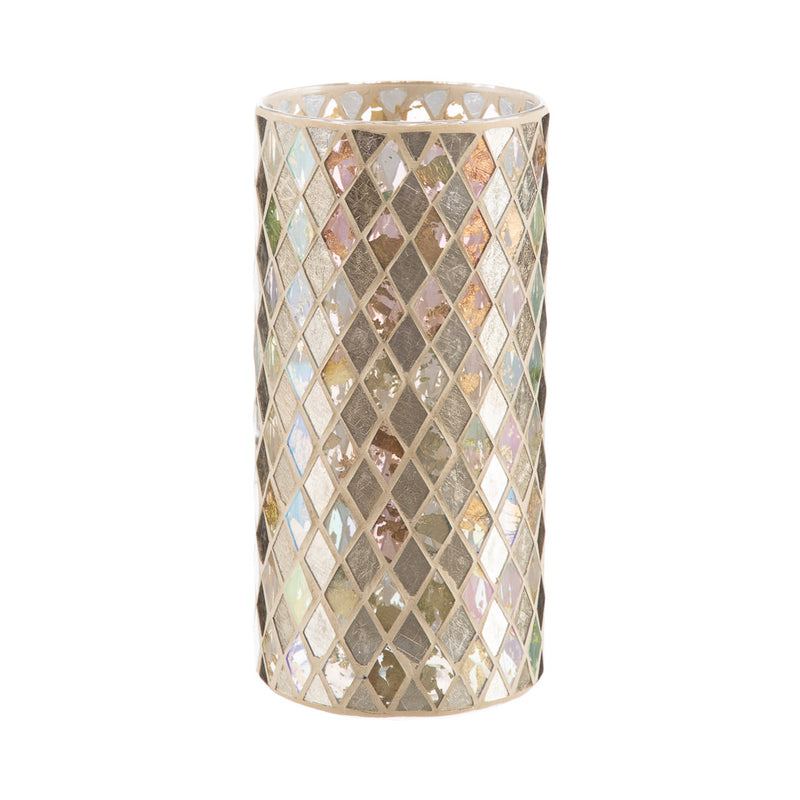 A large cylindrical mosaic vase with a geometric pattern, featuring gold and clear glass tiles.