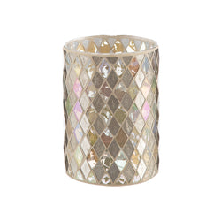 A conical mosaic glass vase with a geometric pattern in gold and clear colors.