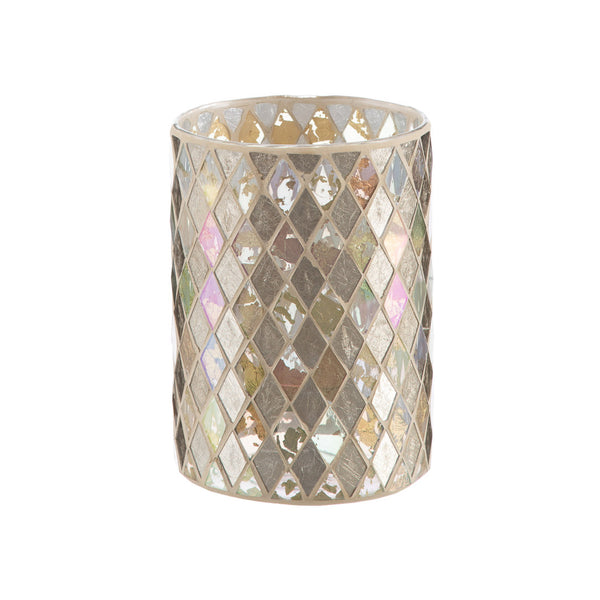 A conical mosaic glass vase with a geometric pattern in gold and clear colors.