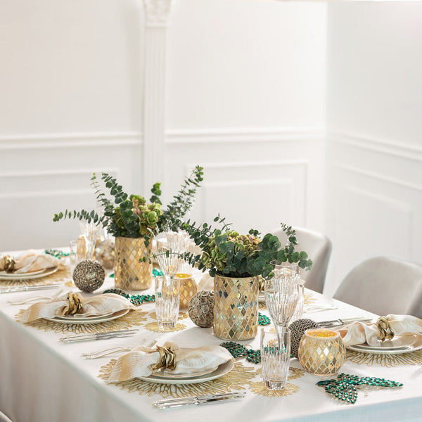 Dining table decorated with Vase Mosaic glass gold medium by Ixia, handcrafted decorative vase with gold mosaic tile surface