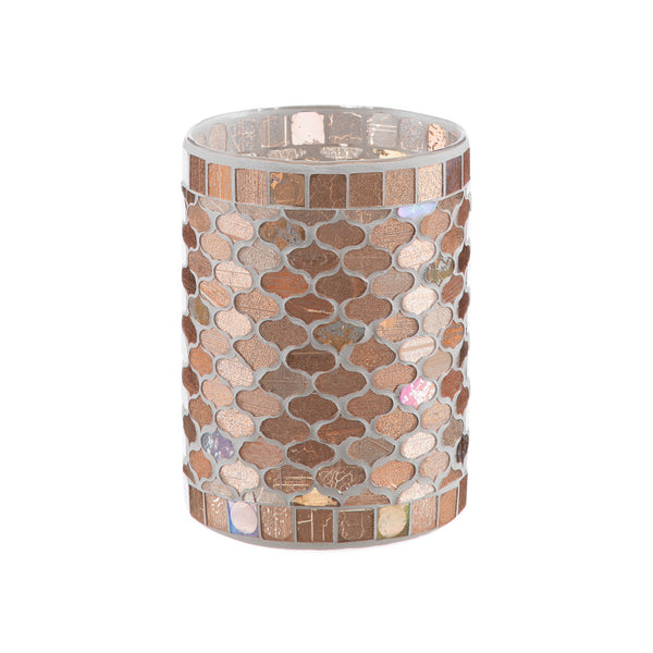 A medium-sized pink mosaic glass vase with a geometric pattern.