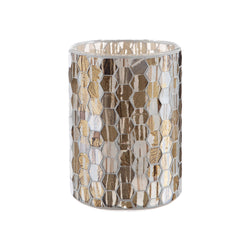 A cylindrical mosaic glass vase with silver and gold color patterns.