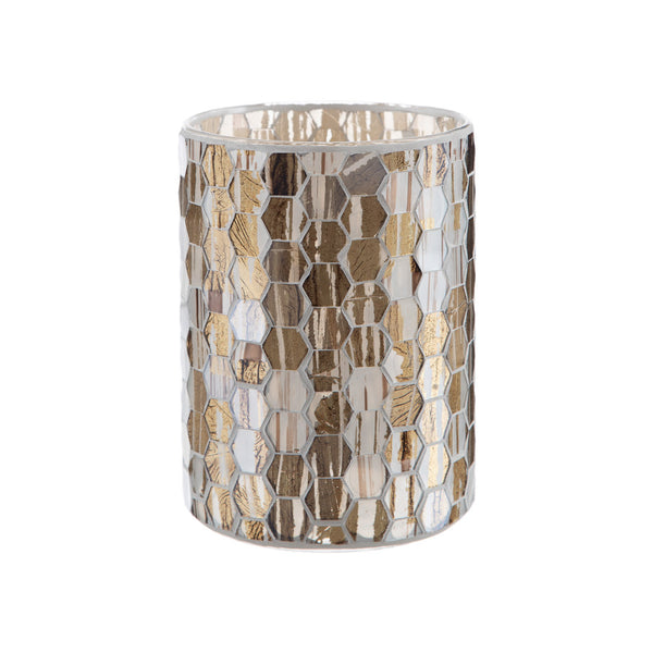 A cylindrical mosaic glass vase with silver and gold color patterns.