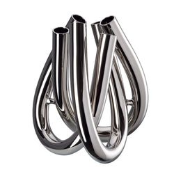 A silver-colored Triu vase made of borosilicate glass with a delicate titanium coating, featuring three slimline, U-shaped arms.