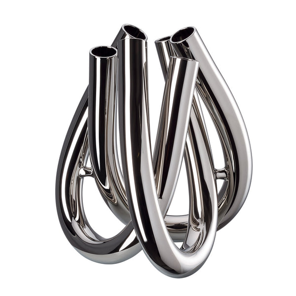 A silver-colored Triu vase made of borosilicate glass with a delicate titanium coating, featuring three slimline, U-shaped arms.