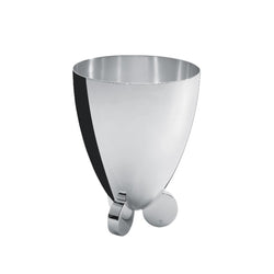 A silver-plated ice bucket with a modern design, featuring a rounded body and two spherical legs.