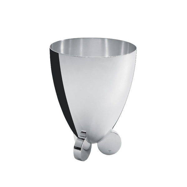 A silver-plated ice bucket with a modern design, featuring a rounded body and two spherical legs.