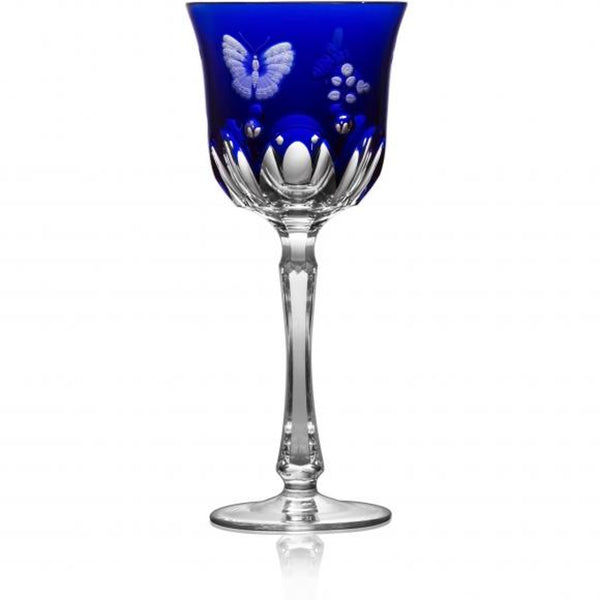 Luxury Water Glass in Cobalt Blue Crystal with Butterfly and Leaf Engraving – Springtime by Varga Crystal