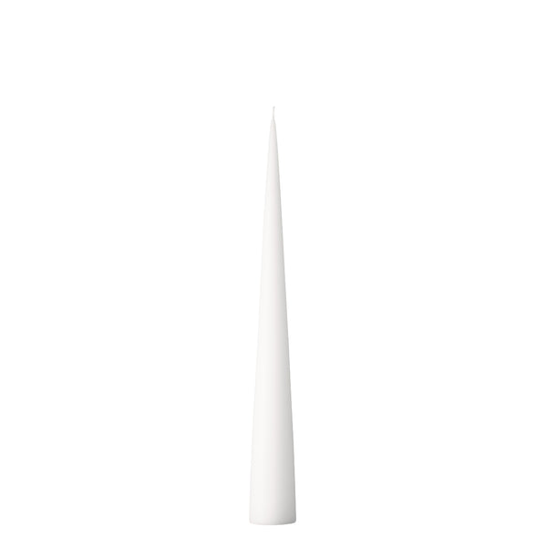 A white matt self-standing cone candle on a plain background.