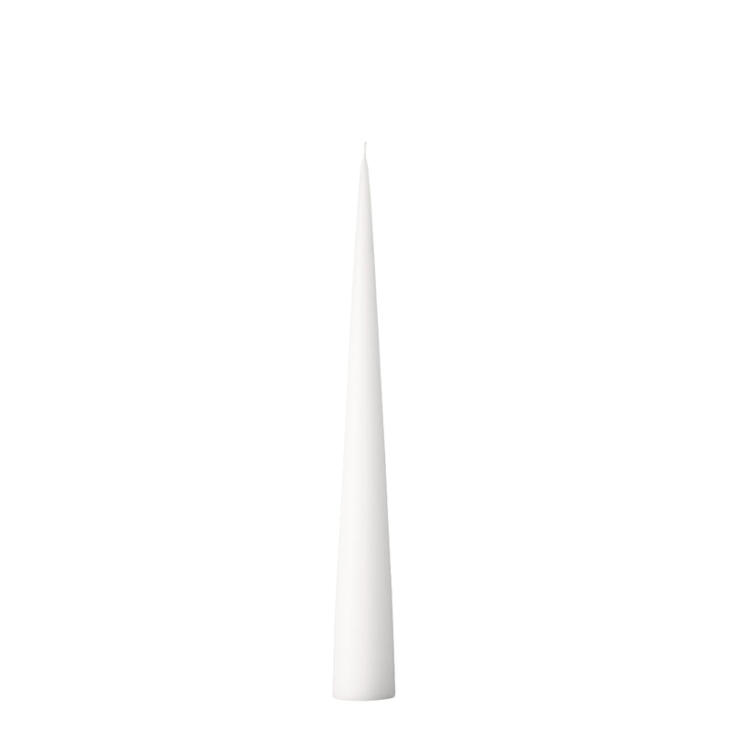 A white matt self-standing cone candle on a plain background.