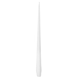A single white matte taper candle stick on a white background.
