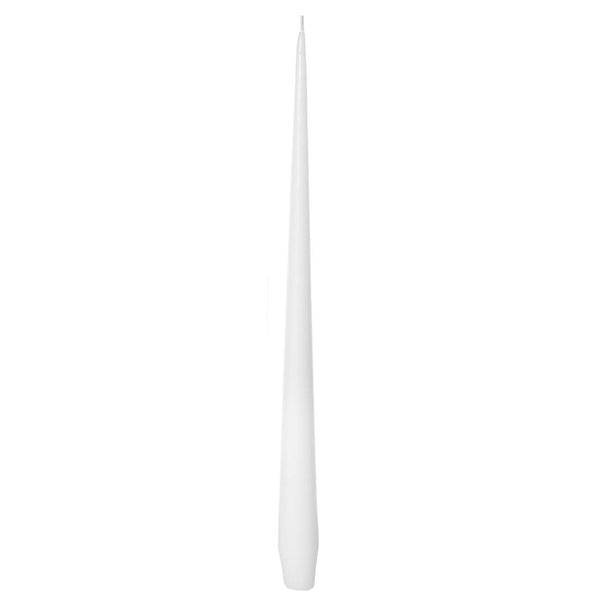 A single white matte taper candle stick on a white background.
