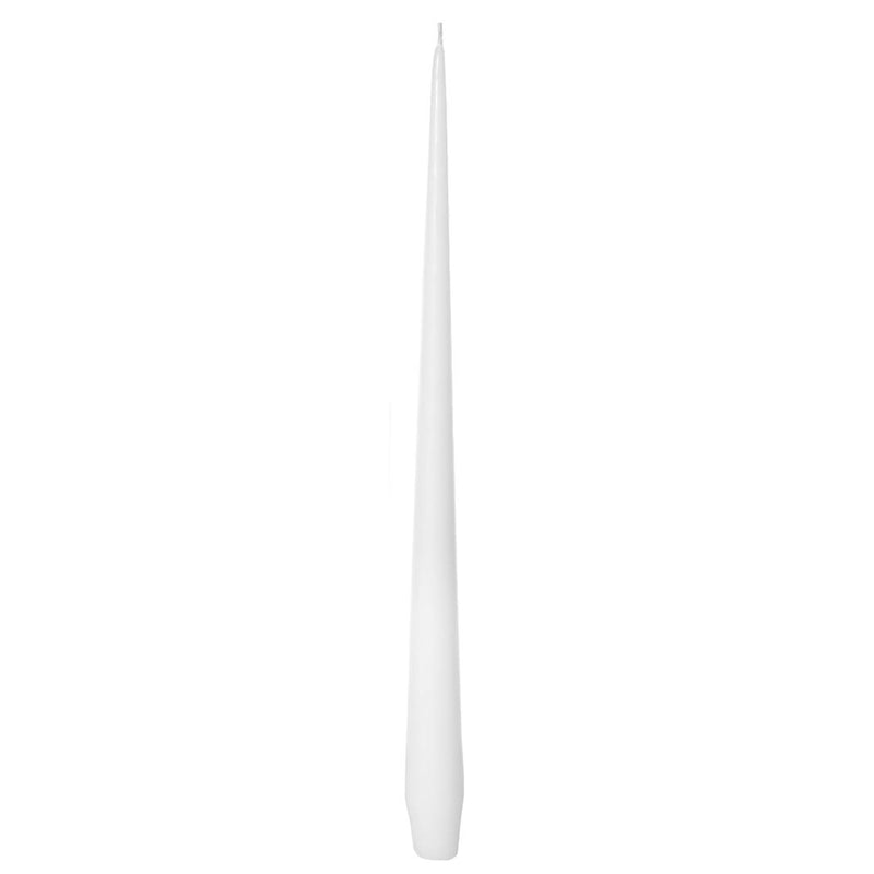 A single white matte taper candle stick on a white background.