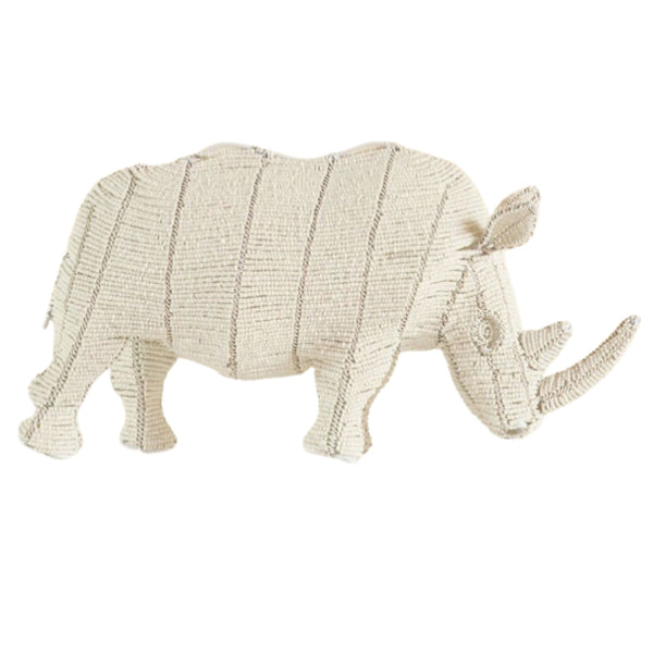 A white beaded rhinoceros sculpture made with traditional wire and glass beads.