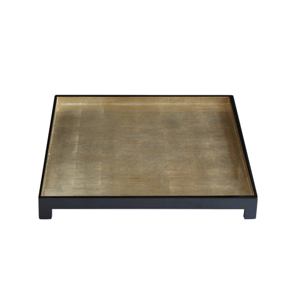 A square-shaped tray with a silver leaf finish and black frame, produced by Posh Trading Company.