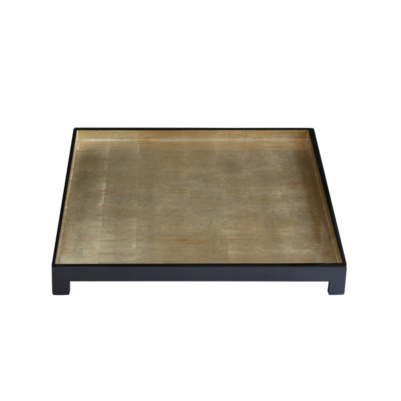 A square-shaped tray with a silver leaf finish and black frame, produced by Posh Trading Company.