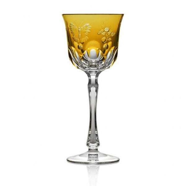 Luxury Wine Glass in Amber Crystal with Butterfly and Leaf Engraving – Springtime by Varga Crystal