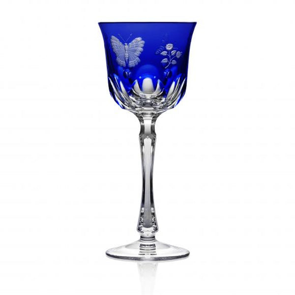 Luxury Wine Glass in Cobalt Blue Crystal with Butterfly and Leaf Engraving – Springtime by Varga Crystal