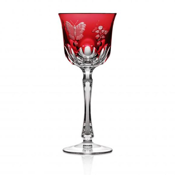 Luxury Wine Glass in Raspberry Red Crystal with Butterfly and Leaf Engraving – Springtime by Varga Crystal
