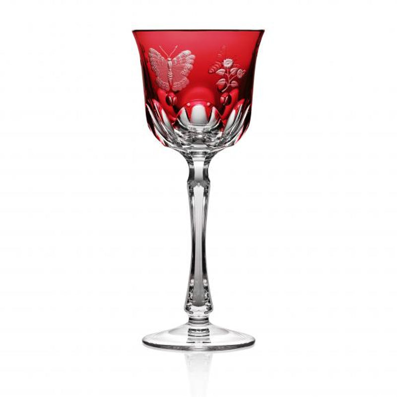Luxury Wine Glass in Raspberry Red Crystal with Butterfly and Leaf Engraving – Springtime by Varga Crystal