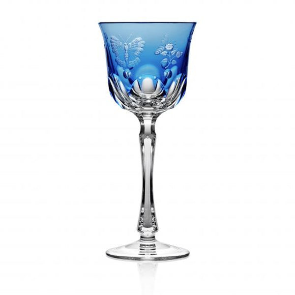 Luxury Wine Glass in Sky Blue Crystal with Butterfly and Leaf Engraving – Springtime by Varga Crystal
