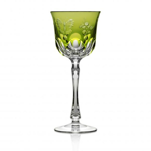 Luxury Wine Glass in Yellow-Green Crystal with Butterfly and Leaf Engraving – Springtime by Varga Crystal