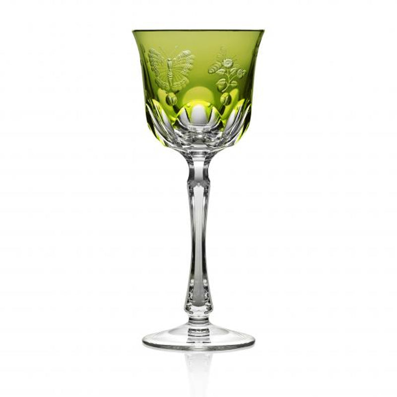 Luxury Wine Glass in Yellow-Green Crystal with Butterfly and Leaf Engraving – Springtime by Varga Crystal