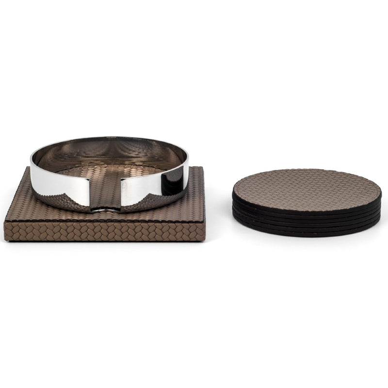Stacked outside the holder woven leather coaster set of 6 in bronze brown by Pinetti with holder