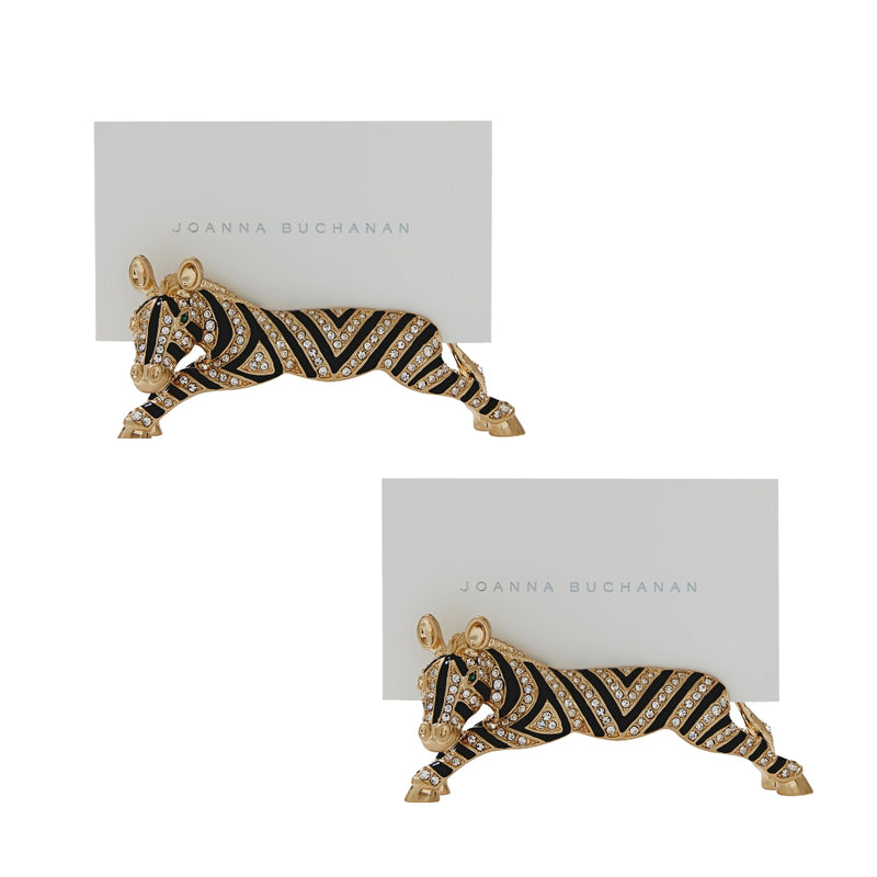 Styled two Zebra place card holder in black enamel with gold and crystal details by Joanna Buchanan